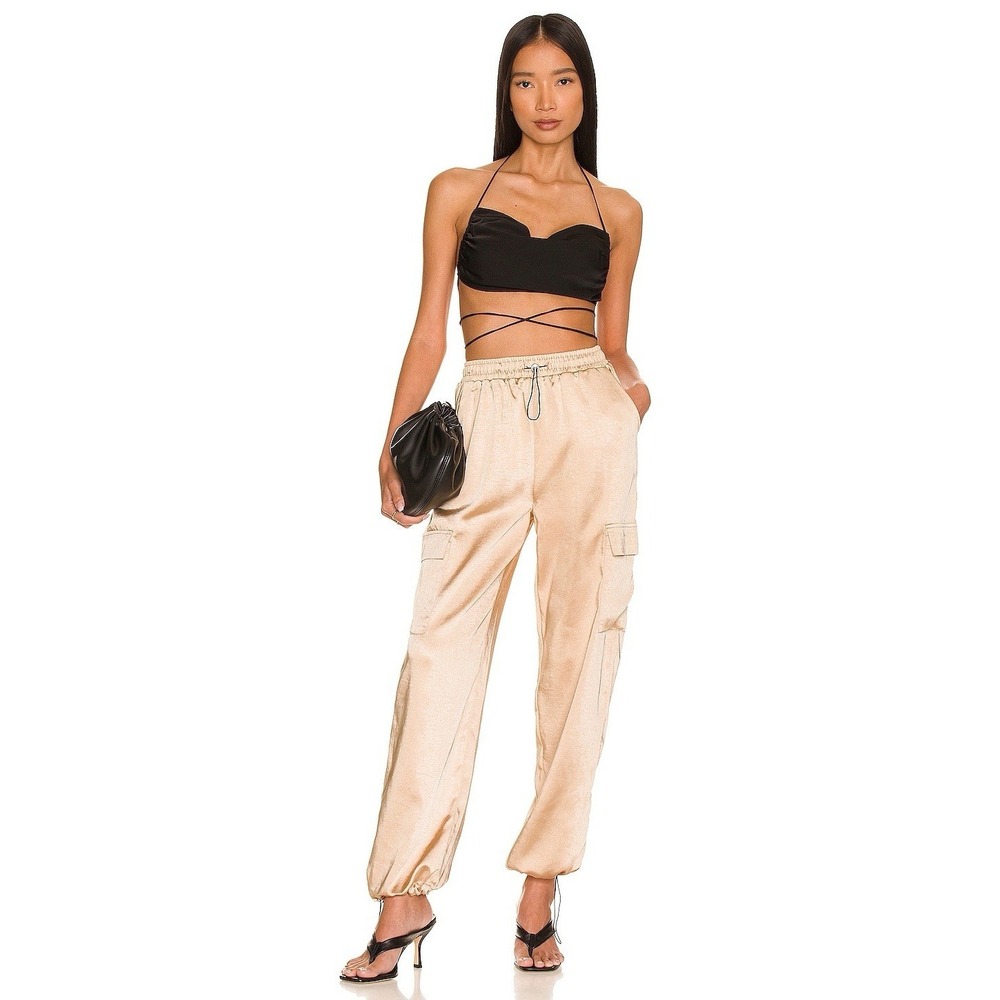 Superdown Rita Cargo Pants Champagne Satin S High Rise Drawstring NWT